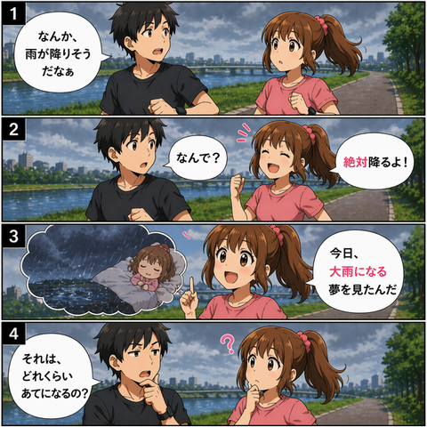 小論文の説得は、説得材料によって、大きく変わるという4コマ漫画。